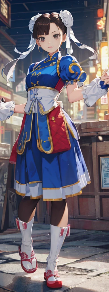 chun-li,((masterpiece)), ((best quality)), ((ultra detailed)), ((kawaii)), cute, (lovely), ((extremely detailed)), ((8K)), (beautiful),flat breast, tiny breast,full body