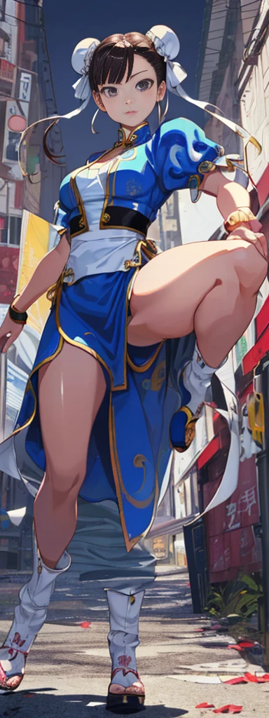 chun-li,((masterpiece)), ((best quality)), ((ultra detailed)), ((kawaii)), cute, (lovely), ((extremely detailed)), ((8K)), (beautiful),flat breast, tiny breast,full body