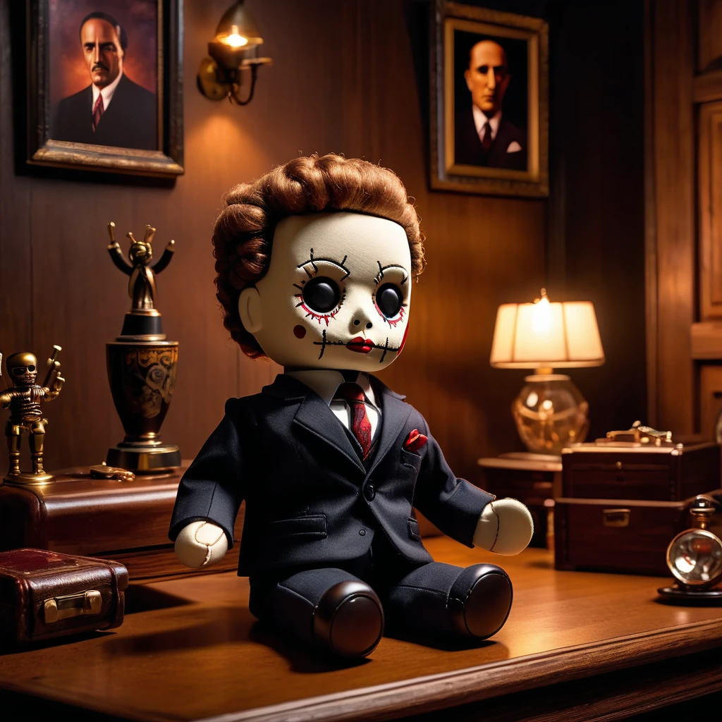 (knitted toy voodoo doll:1.7), (Voodoo Doll in a Godfather Setting:1.3), (Clothing: 1940s mafia suit with a fedora:1.0), (Accessories: enchanted cigar emitting a smoky glow, floating crime family portraits:1.1), (background: dimly lit study with rich wooden furniture, ominous ambiance, and an atmosphere of organized crime:1.2), best quality, masterpiece, detailed soft oil painting, detailed background, dramatic cinematic lighting, soft edge lighting, professional, dramatic lighting, hard edge lighting, ultra quality, 4k, masterpiece, best quality, 8k, ultra high definition, high resolution, extremely detailed