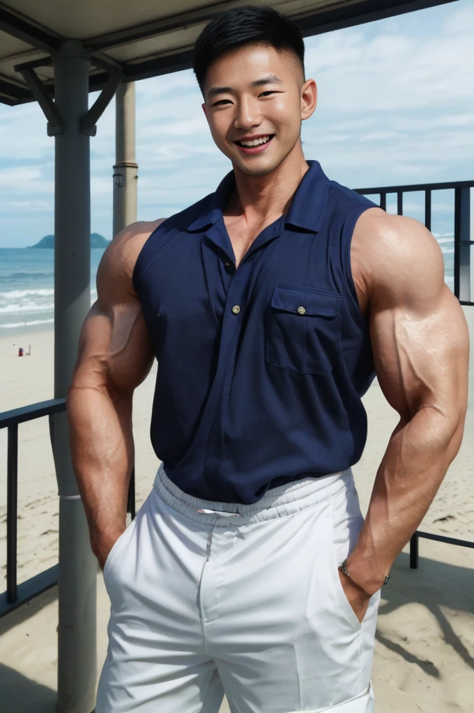 (Create a masterpiece: 1.2),(CGI art:1.3),(realistic:1.5),(After processing:1.3), (Sharp focus:1.3), 1 man, open mouth, smile, (Shirt with open buttons), Navy cargo pants, Korean guy , korean men, (High gloss details), chest muscles, large arm muscles, blood vessel, Big muscles, Broad shoulders, looking at the audience, Balancing the eyes, seaside beach sunshine looking at the sea