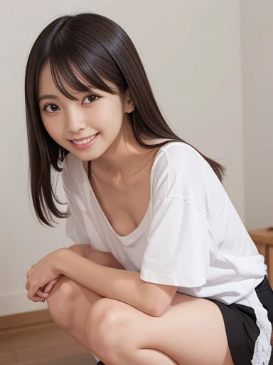 Japanese female, a lot of details, (underweight), 30 years old, detailed black hair, beautiful detailed hair, super fucking beautiful, delicate beautiful face, complex details beautiful and delicate eyes, perfect hands, (flat chest best quality:1.5), perfect and delicate limbs, detailed skin, best quality, ultra-detailed,(cheerful grin:1.5),extreme long shot:1.4,
NSFW,squatting, legs spread, semi long, white t-shirt, black skirt, (Wearing white panties),in the festival, cowboy shot, from front, low angle shot