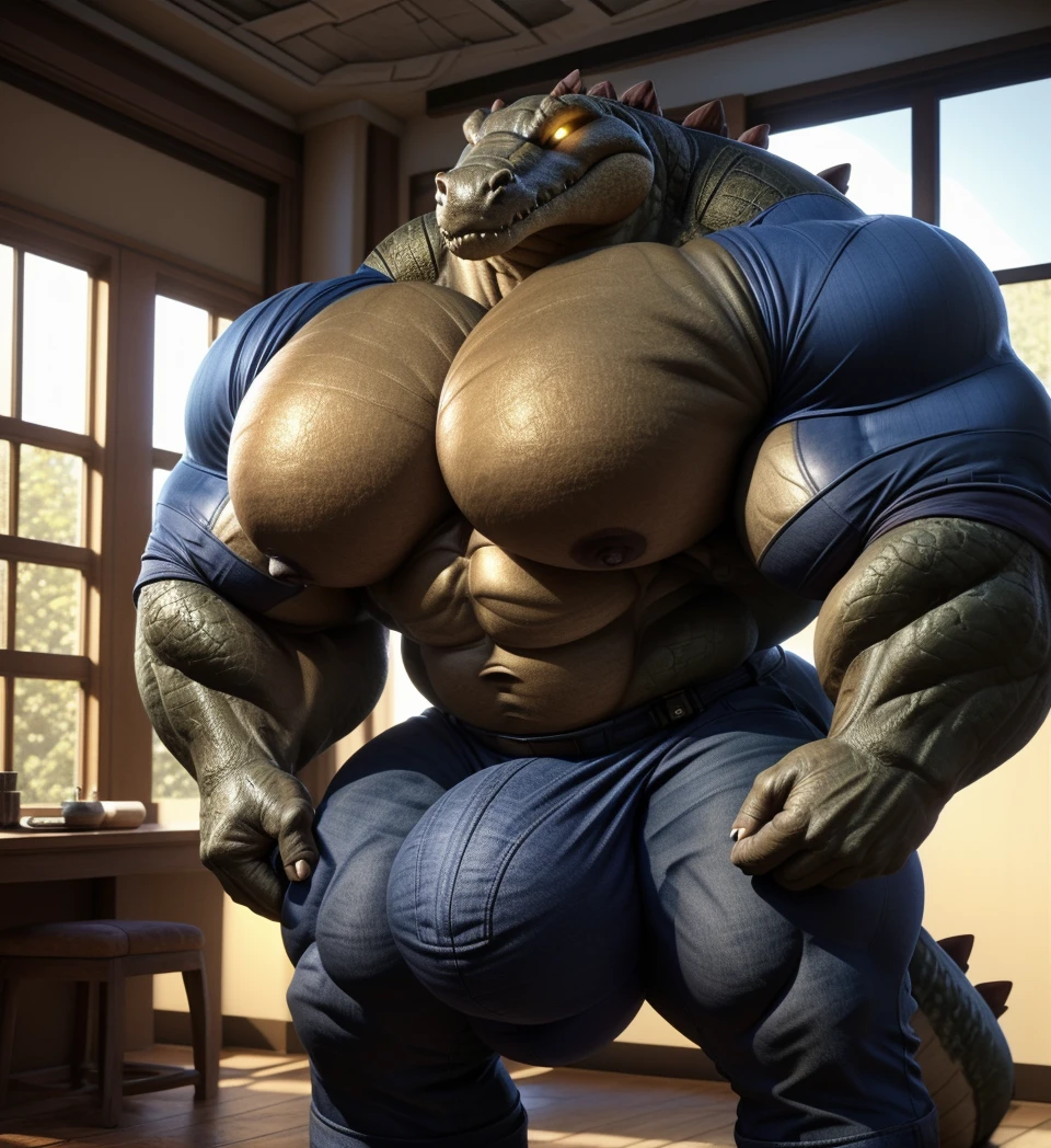 独奏, male, , , , (hyper pecs:1.4), (long thick thighs:1.5), standing, indoor,,(,,(,独奏,very hyper muscles:1.3)((, Huge bulge:1.3))),unreal engine,perfect light,detailed, photorealistic, 4K, HD, , , , good anatomy, , (), ,, high quality, best quality, concept art, photorealistic, Crocodile,indoor,window,Yellow glowing eyes,jeans,police uniform