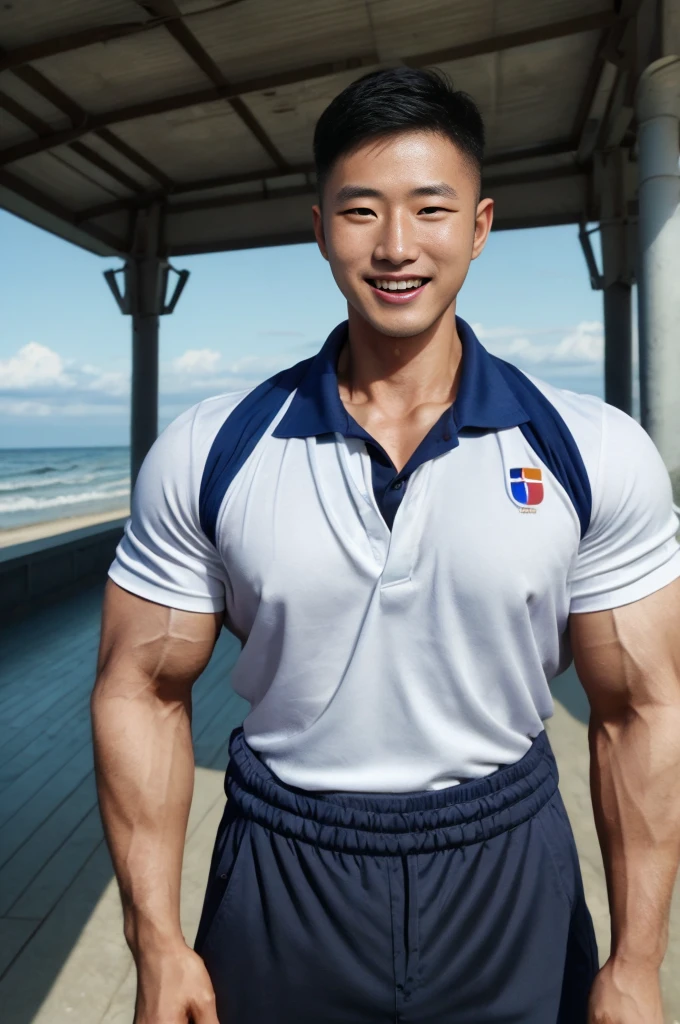 (Create a masterpiece: 1.2),(CGI art:1.3),(realistic:1.5),(After processing:1.3), (Sharp focus:1.3), 1 man, open mouth, smile, (Shirt with open buttons), Navy cargo pants, Korean guy , korean men, (High gloss details), chest muscles, large arm muscles, blood vessel, Big muscles, Broad shoulders, looking at the audience, Balancing the eyes, seaside beach sunshine looking at the sea