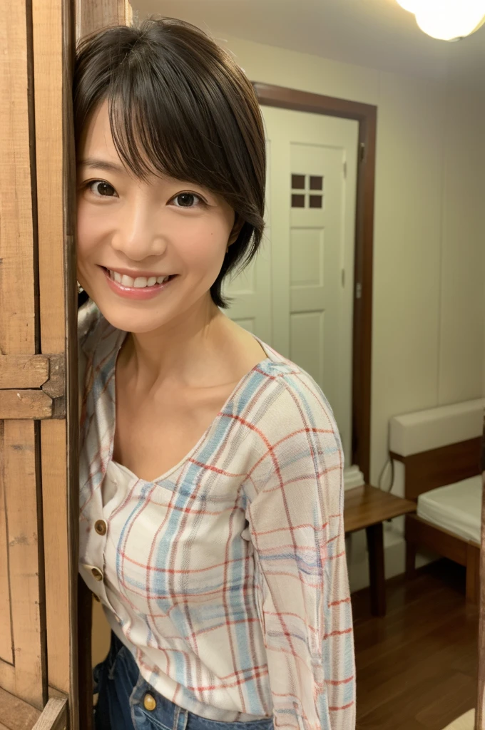 ((Highest quality)), ((masterpiece)), (detailed), Japanese, 40 years old, Beauty, front,Diagonal orientation、smile, Nagoya, Single Mother,Natural Photography,Inside the room, Too much,peace sign,Short Hair
