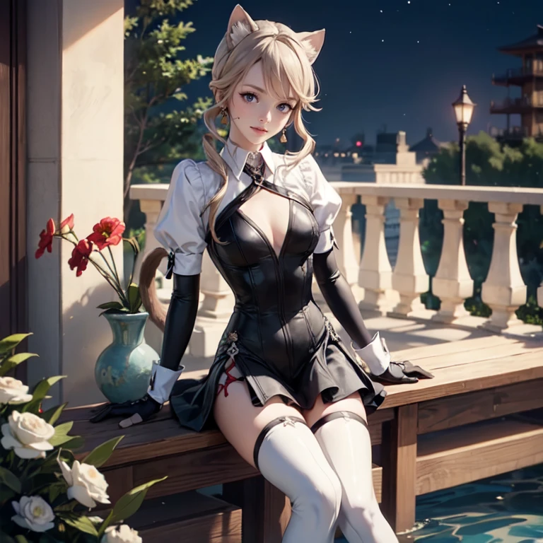 1girl, white maid dress, jewelry, blonde hair, flowing hair, long hair, white roses, firefly, oriental architecture, maid dress with a short skirt and layers, white laces, white boots, white dress with transparency, gold details on her clothes, cat ears, animal ears, lake, seat on the water, a garden with lake scenery, white roses, white flowers, more details, perfectly body, perfectly hands, two hands, two legs, two arms, five fingers, glowing hair, best quality, cat ears, animal ears, tail ornament, tail bow, white gloves, two cat tail, white gloves, alone, maid headdress, choker, detached sleeves, maid dress, maid white dress, strapless, masterpeice, best quality, detailed face, night, asymmetrical gloves, bangs, white short skirt , white gloves, white boots, earrings, elbow gloves, fishnet thighhighs, fishmasterpeice, solo, best quality, detailed face, gloves, green eyes, green hair, hair between eyes, jewelry, long hair, looking at viewer, single earring, sky, sleeveless, solo, thigh boots, thighhighs, tongue, tongue out, uneven gloves, sitting, cat ears, animal ears, cat tail, holding a ice cream