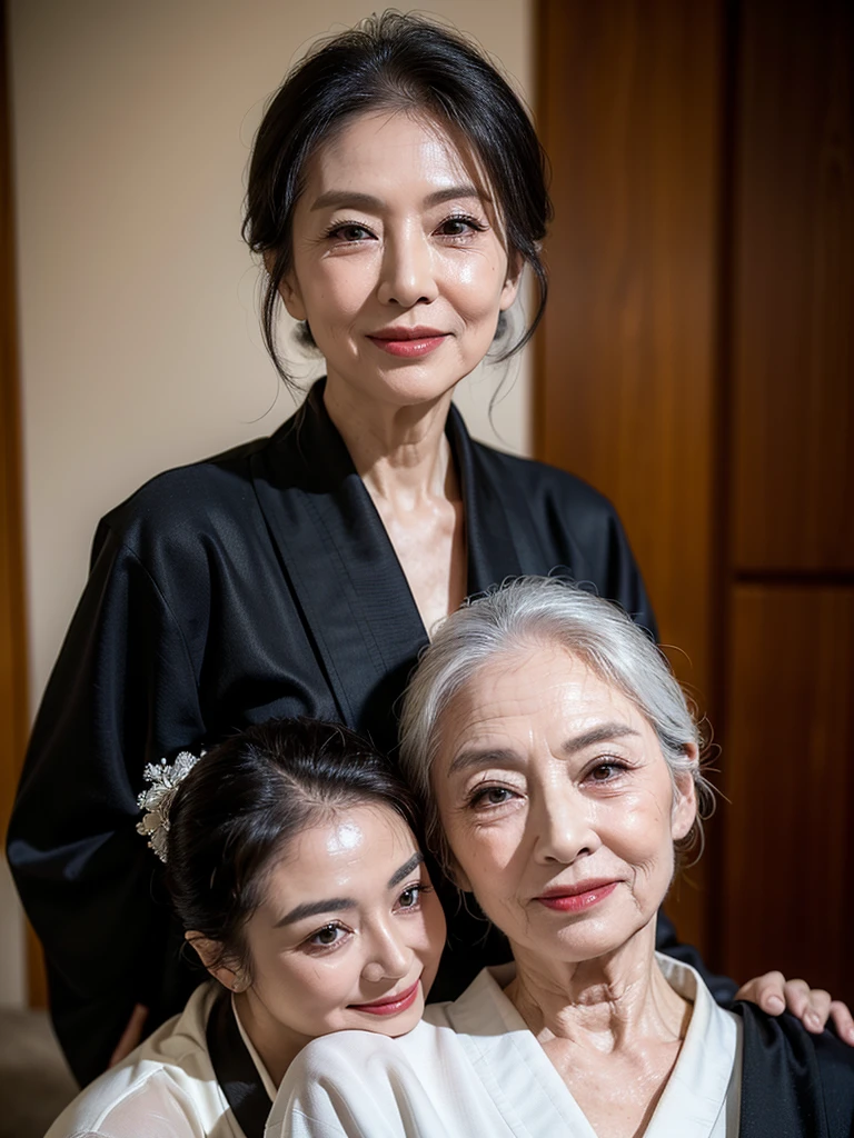 (masterpiece:1.4), (1 girl : 1.3), (68-year-old woman:1.5),(facial wrinkles 1.2),Captivating smile, (Updo : 1.1), (Wearing a black kimono), Motherhood Mature Woman, pale white skin,