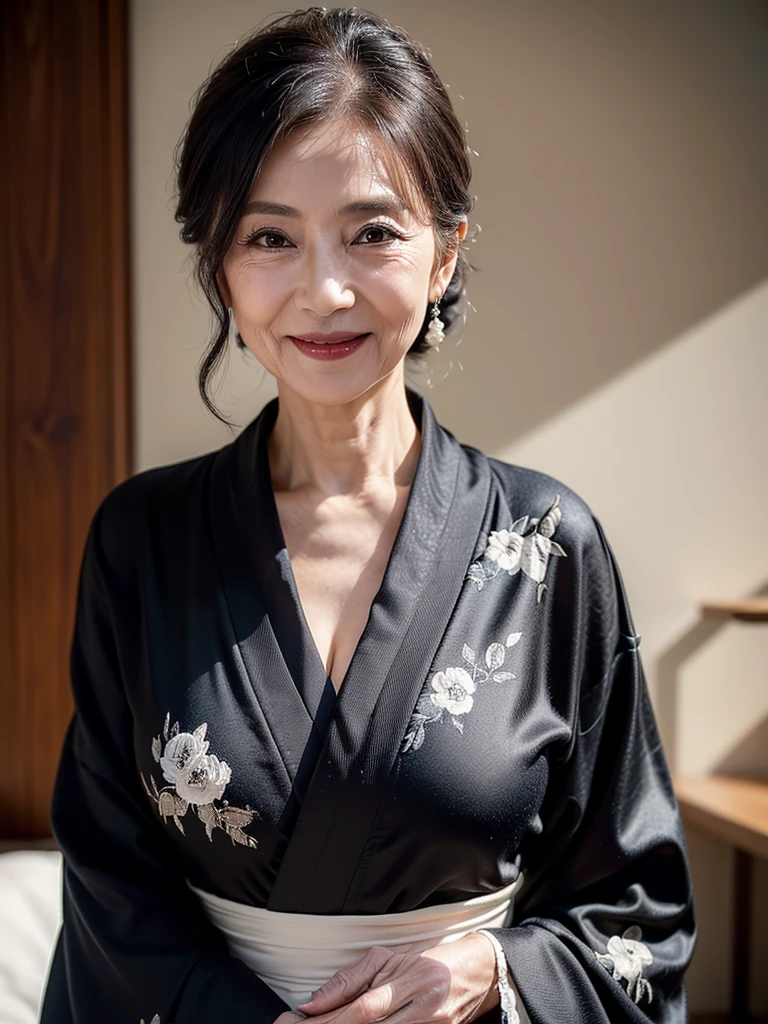 (masterpiece:1.4), (1 girl : 1.3), (68-year-old woman:1.5),(facial wrinkles 1.2),Captivating smile, (Updo : 1.1), (Wearing a black kimono), Motherhood Mature Woman, pale white skin,