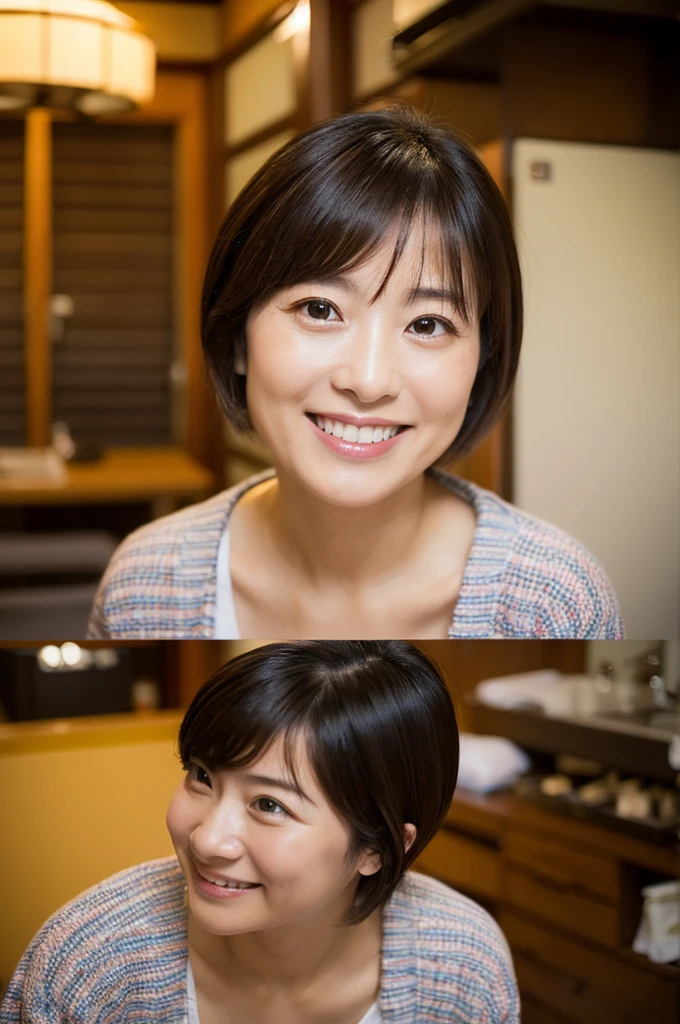 ((Highest quality)), ((masterpiece)), (detailed), Japanese, 40 years old, Beauty, front,Diagonal orientation、smile, Nagoya, Single Mother,Natural Photography,Inside the room, Too much,,Short Hair