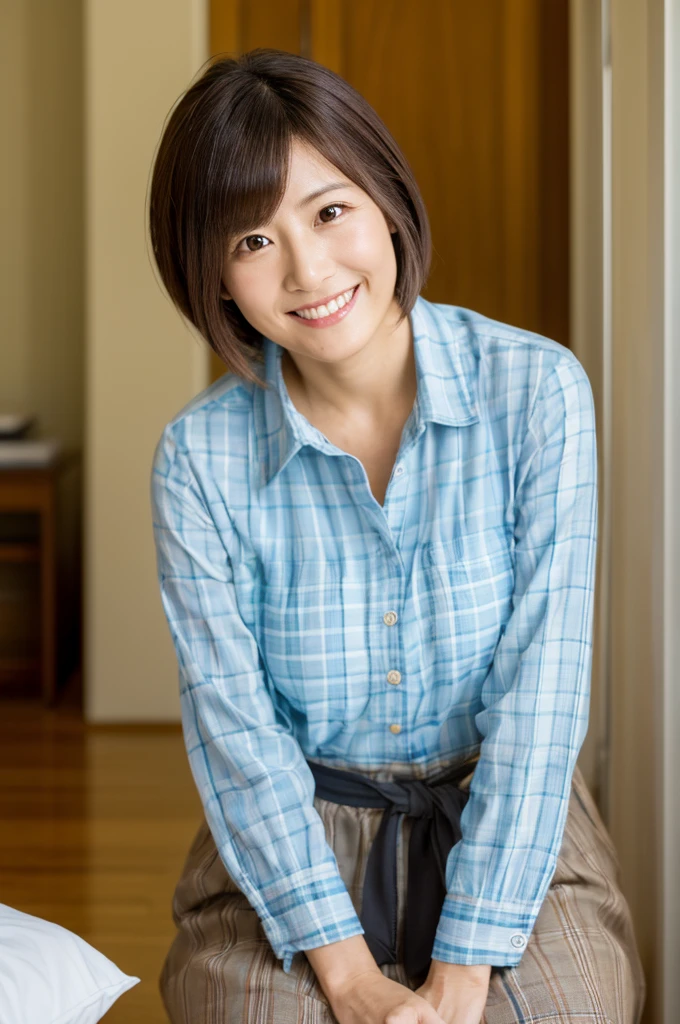 ((Highest quality)), ((masterpiece)), (detailed), Japanese, 40 years old, Beauty, front,Diagonal orientation、smile, Nagoya, Single Mother,Natural Photography,Inside the room, Too much,,Short Hair