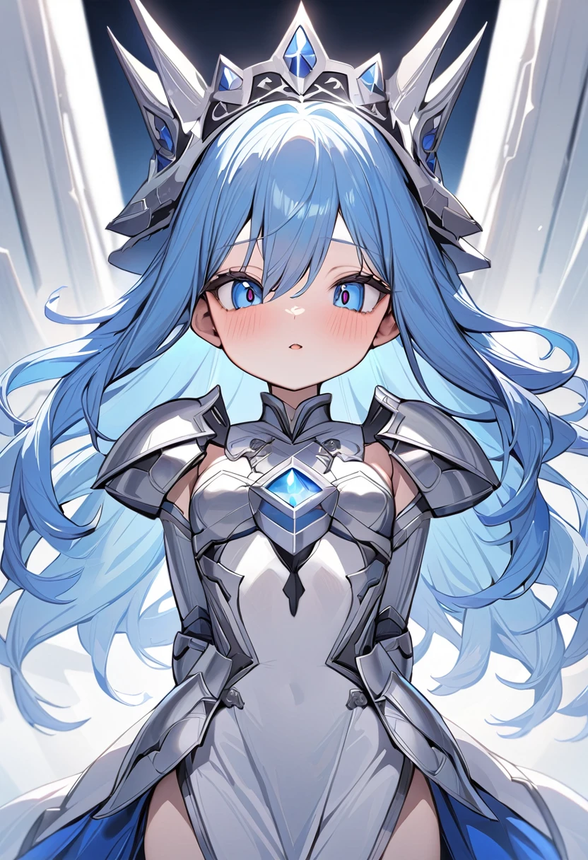 (masterpiece, top quality, very aesthetic, super detailed), intricate detail, 1girl,stand、upper body:1.3、
kind eyes、tareme:1.4,Hollow Eyes:1.3、Cute Face、blue hair:1.5、middle hair,sidelock :1.4,,blue eyes:1.2、clear face、solo、white chromium,small breasts,waist-cape armor 、armored dress、Princess Knight、Slim Body
