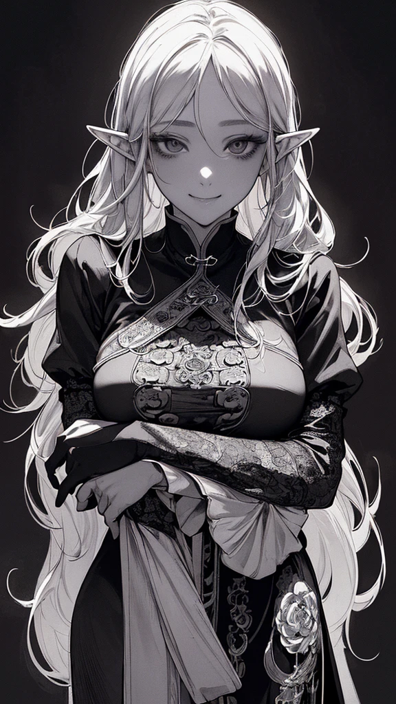 Highest quality, (Background details), High Contrast, Very beautiful woman, Detailed original illustrations, functional, Archer、Elf, Ponytail Delicate face, charm, Bad boy, sexy, Platinum Blonde、White sundress、Real breasts, Small breasts、Crazy Smile, Crazy Eyes, Black background, (Black background: 1. 5), Beautiful line art, Monochrome