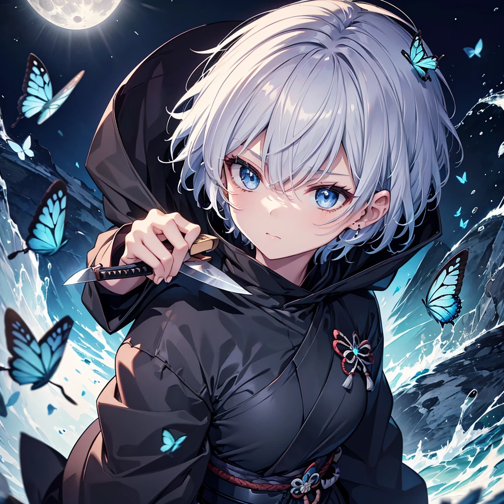 ((((samurai　Short knife))))　(((Gray Hair　short hair　blue eyes　woman　Center close-up)))，((night　full moon　Blue butterfly))，(Wearing a hood　Black camisole　Hold the sword)，　Showing teeth　Shining Background　Shining Edges