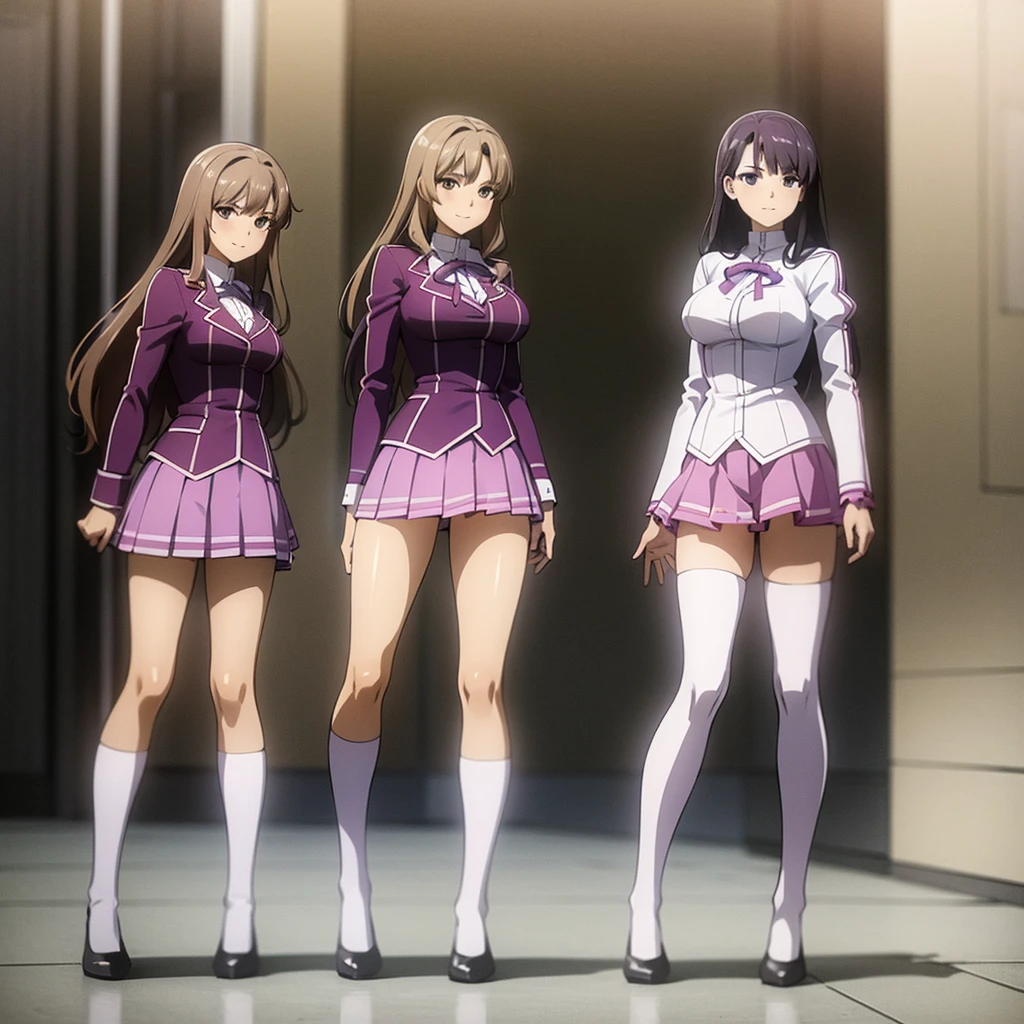 Masterpiece, high quality, 2girls, duo, identical twins, identical sisters, brown hair, curly hair, matching hairstyles, hazel eyes, medium sized bust, (light purple school uniform, sexy school uniform, light purple blazer, lace section, ribbon, light purple short skirt, white thigh-high socks, black low heels, matching outfits), smile, flat_color, full body, seductive pose, duo pose