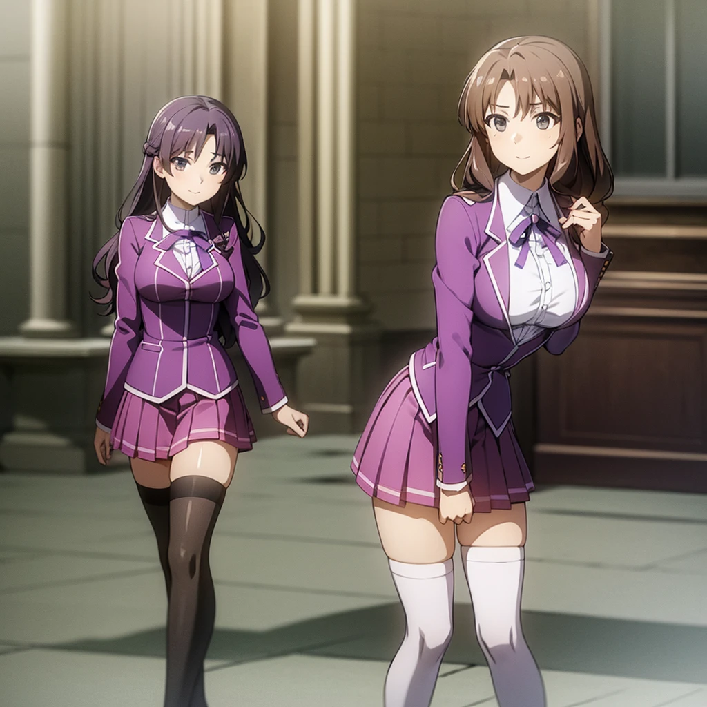 Masterpiece, high quality, 2girls, duo, identical twins, identical sisters, brown hair, curly hair, matching hairstyles, hazel eyes, medium sized bust, (light purple school uniform, sexy school uniform, light purple blazer, lace section, ribbon, light purple short skirt, white thigh-high socks, black low heels, matching outfits), smile, flat_color, full body, seductive pose, duo pose