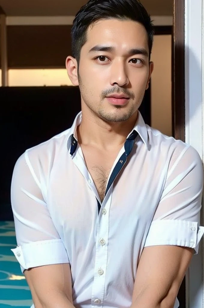 Masterpiece, best quality High resolution, realistic, handsome, beautifully photographed, syahnk SFW, 35 year old portrait. (man: 1.5) Military press, amazing weight, short buzzcut hair, stubby head. , (too much muscle ),look at the viewer,Flirting with the camera,charming (Tight white shirt ),(GS-Masculine:1), 8K UHD , standing in the sea