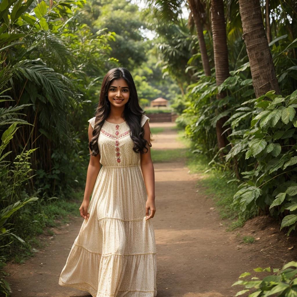Indian girl, beatiful, wearing long dress,   smile