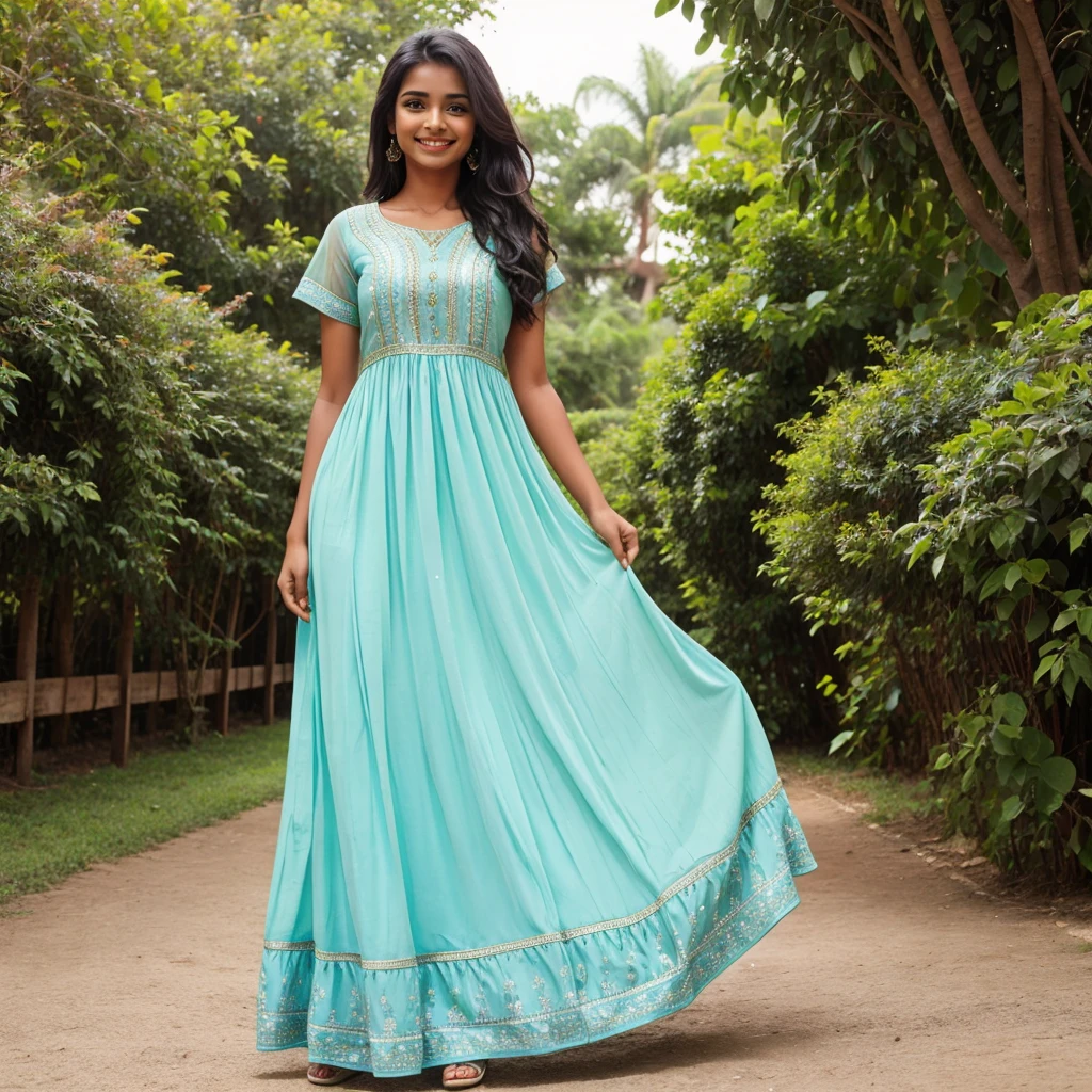 Indian girl, beatiful, wearing long dress, smile