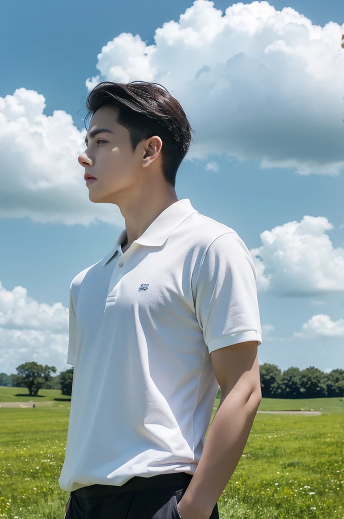 Young man in a white polo shirt Standing on the edge of the meadow with an expression on his face, looking into the distance Turn your head slightly.,Cloudy day, coffee shop