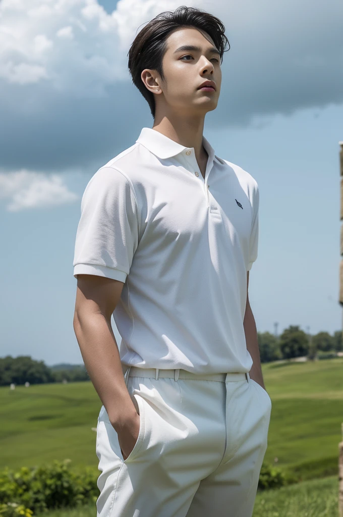 Young man in a white polo shirt Standing on the edge of the meadow with an expression on his face, looking into the distance Turn your head slightly.,Cloudy day, coffee shop