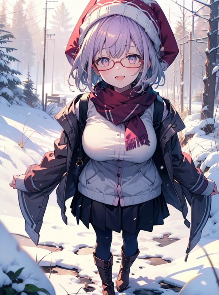 akaneshinjou, shinjou akane, Light purple hair, (Pink Eyes:1.2), short hair,Akagi Glasses,hair band,,White Breath,Big Breasts,Purple coat,White sweater,happy smile, smile, Open your mouth,Black long skirt,Grey pantyhose,Red scarf,short boots,Knitted hat,Daytime,cloudy,snow,snowが降り積もっている,whole bodyがイラストに入るように,Looking down from above,
break looking at viewer,whole body, break outdoors 森, nature, break (masterpiece:1.2), Highest quality, High resolution, unity 8k wallpaper, (shape:0.8), (Beautiful and beautiful eyes:1.6), Highly detailed face, Perfect lighting, Highly detailed CG, (Perfect hands, Perfect Anatomy),