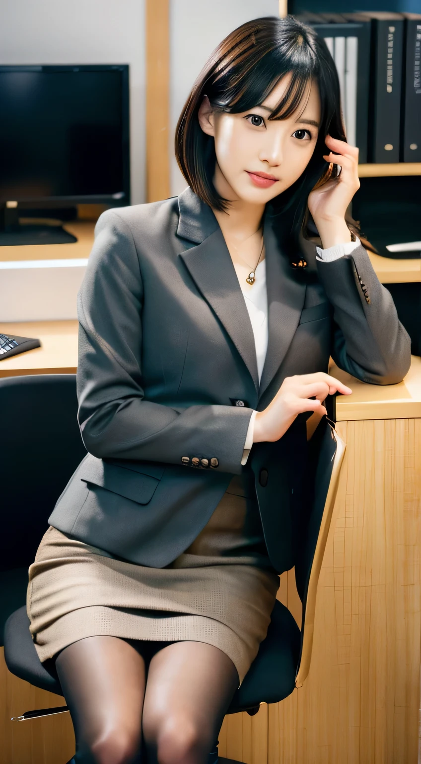 (masutepiece:1.3), (8K, Photorealistic, Raw photo, Best Quality: 1.4), Japanese, (1girl in), Beautiful face, (Realistic face), (Black hair), Beautiful hairstyle, Full body photo、Office Lady Suits、tights、pumps、The background is the office、Sit in an office chair、Realistic eyes, Beautiful detailed eyes, (Realistic skin), Beautiful skin, Attractive, 超A high resolution, A hyper-realistic, Highly detailed, Golden ratio, Best Quality, Photorealistic, 8K, High Definition, 1 girl, Female, (Medium: 1.8), Office, Pubic hair visible, Grey Suit, , Skirt up, work, Sit on a chair and open your legs wide