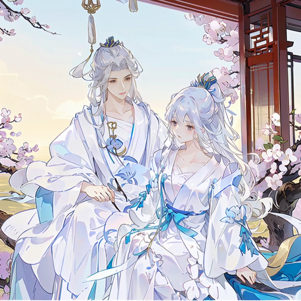 Anime couple in traditional costumes standing in front of cherry blossom trees, flowing white robe, White Hanfu, Long flowing hair and robes, Wearing a white robe!, palace ， Girl wearing Hanfu, Wing Wall and Shurak, Gu Weiss, cotton cloud mage robes, Hanfu, Wearing Chinese clothes, Wearing a flowing robe, Dressed in a white robe