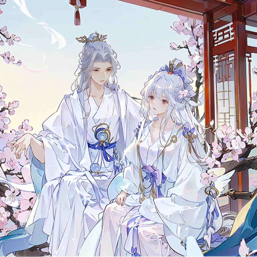 Anime couple in traditional costumes standing in front of cherry blossom trees, flowing white robe, White Hanfu, Long flowing hair and robes, Wearing a white robe!, palace , Girl wearing Hanfu, Wing Wall and Shurak, Gu Weiss, cotton cloud mage robes, Hanfu, Wearing Chinese clothes, Wearing a flowing robe, Dressed in a white robe