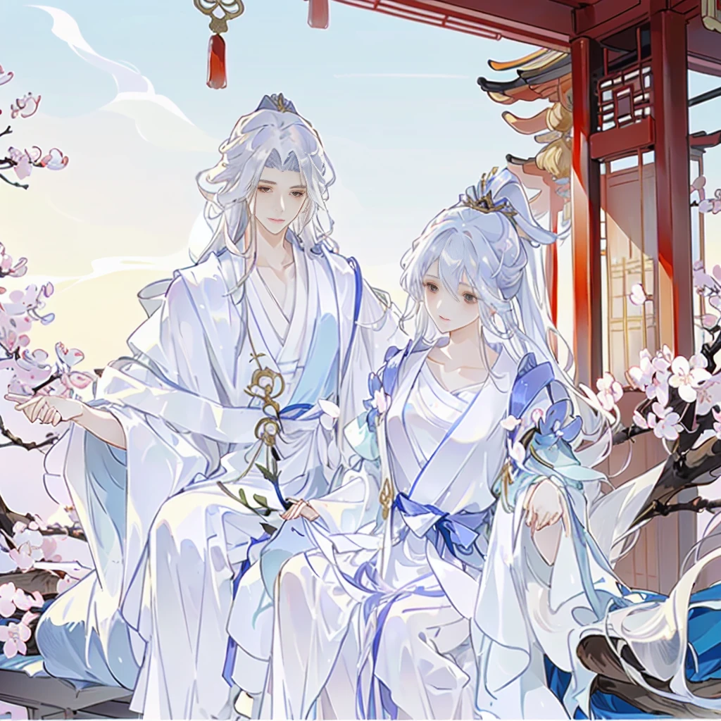 Anime couple in traditional costumes standing in front of cherry blossom trees, flowing white robe, White Hanfu, Long flowing hair and robes, Wearing a white robe!, palace , Girl wearing Hanfu, Wing Wall and Shurak, Gu Weiss, cotton cloud mage robes, Hanfu, Wearing Chinese clothes, Wearing a flowing robe, Dressed in a white robe
