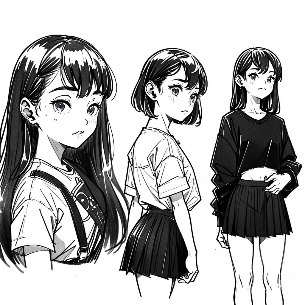 One Girl,Line art,Monochrome,sketch,Pencil drawing,Traditional Media,One Girl, skirt,Cute Teenage Girls, ,Beautiful portrait、Delicate body、Black Hair、Black Hair,landscape,Black and White