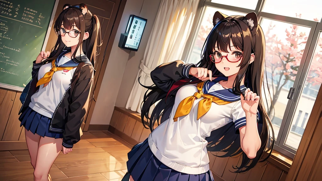 Tanuki, high school girl, sailor uniform, miniskirt, glasses, standing classroom