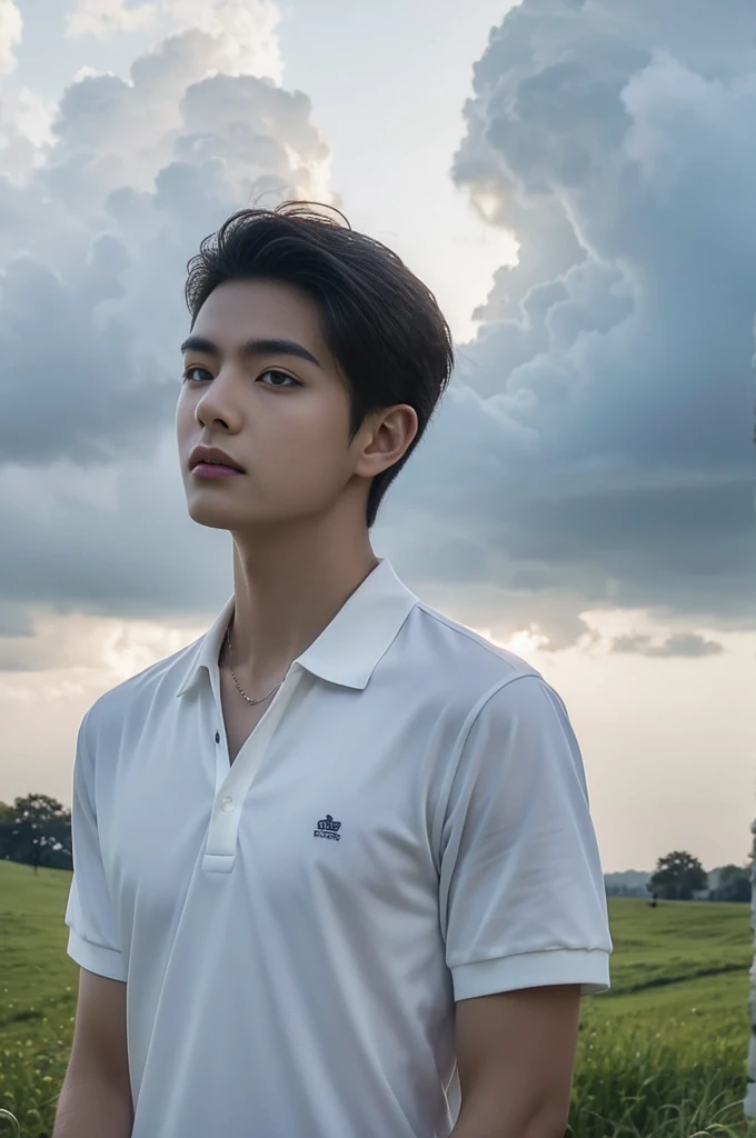 Young man in a white polo shirt Standing on the edge of the meadow with an expression on his face, looking into the distance Turn your head slightly.,Cloudy day, coffee shop