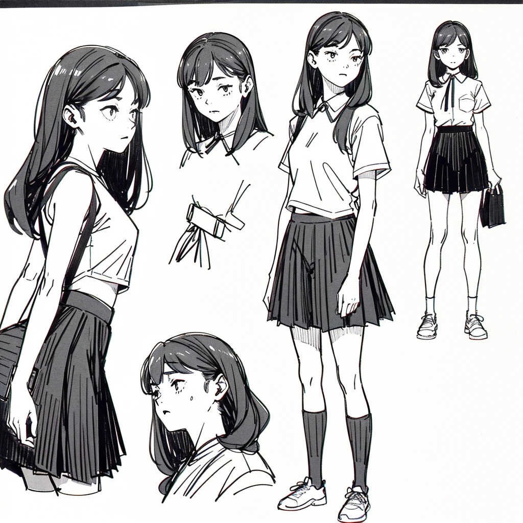 One Girl,Line art,Monochrome,sketch,Pencil drawing,Traditional Media,One Girl, skirt,Cute age Girls, ,Beautiful portrait、Delicate body、Black Hair、Black Hair,landscape,Black and White
