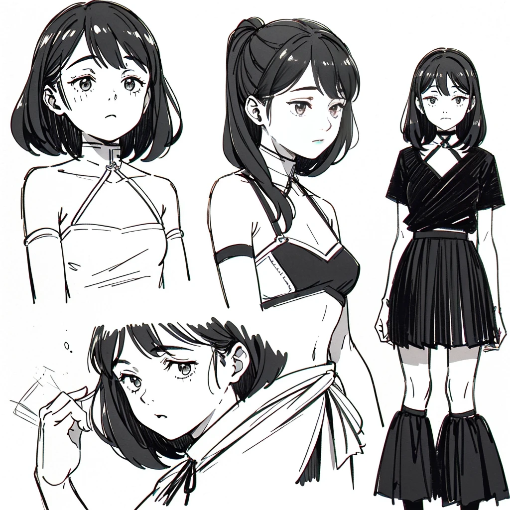 One Girl,Line art,Monochrome,sketch,Pencil drawing,Traditional Media,One Girl, skirt,Cute age Girls, ,Beautiful portrait、Delicate body、Black Hair、Black Hair,landscape,Black and White