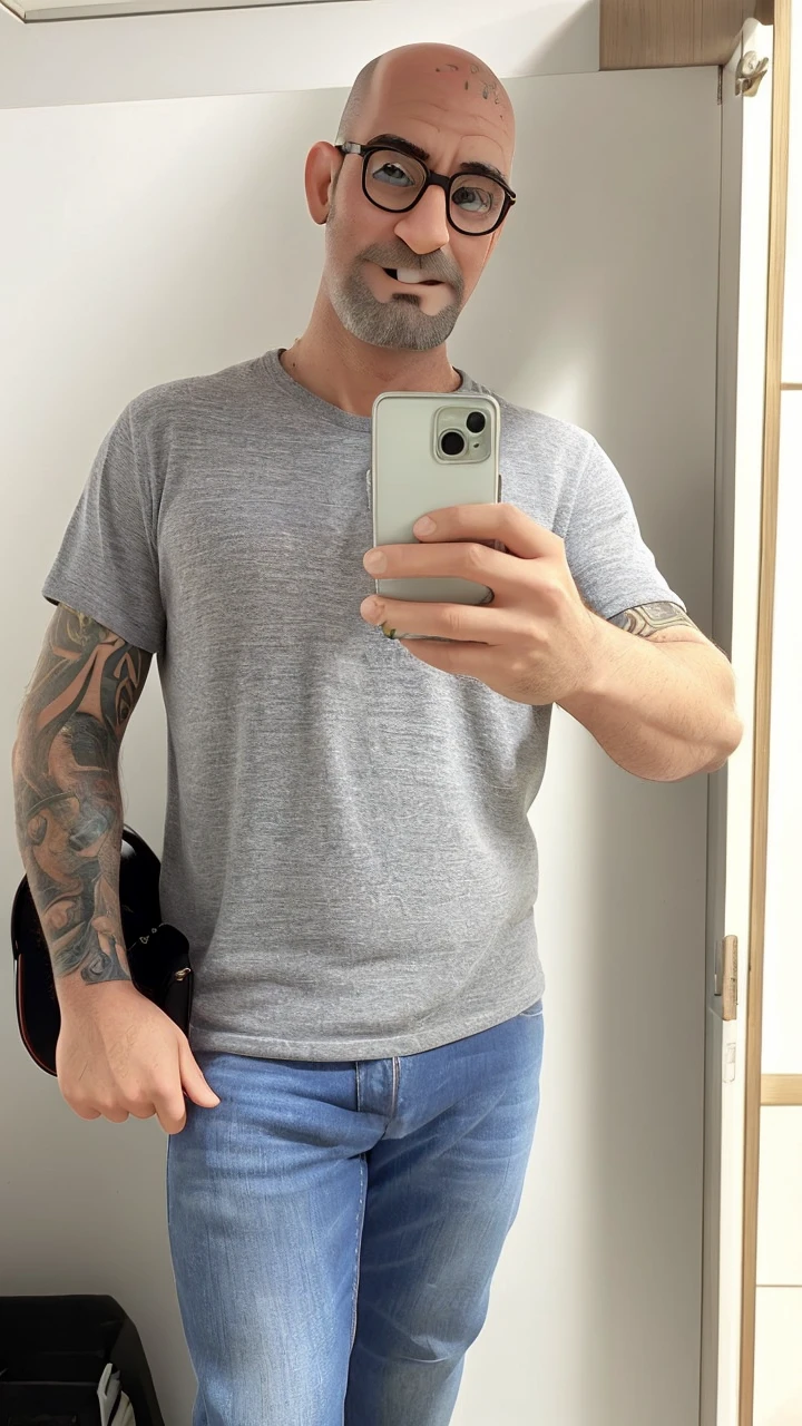 Create this image man glasses rounded bald long face taking photo in mirror with tattoo