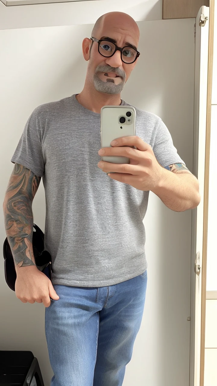 Create this image man glasses rounded bald long face taking photo in mirror with tattoo