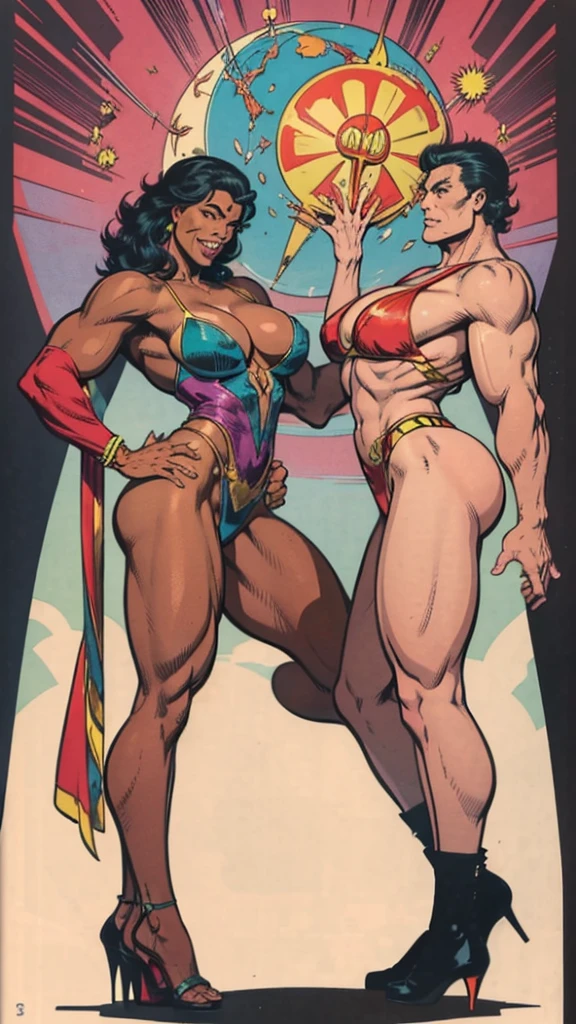 (best qualityer, high resolution, work of art:1.2), standing, posando, smiling, lust, latin beauty, (((Huge male bodybuilder:1.15))), huge muscular ass, (Broad Hips), (Waist slender) , (((broadshouldered))), ((((Breasts huge)))), Jumpy, (Bblack hair), Crown of Feathers Carnival, shaven hair, Bblack hair, whole body, shining skin, skin tanned, hands on hips, Vibrant, wearing Jumpy carnival attire, sensual manga line art full body manga panels