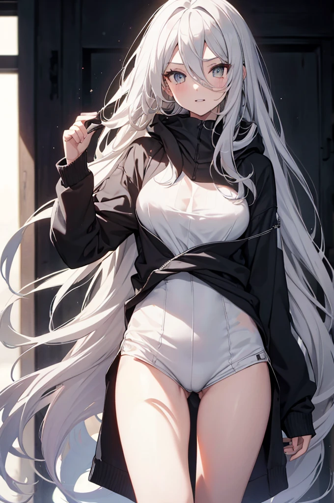 1girl, {Solitary}, Upper Body ,{{ {Watching at viewer}}}, Arms at your sides, Concept Art, white Background, simple Background, White hair, Silver gradient hair , Composite cloth, Asymmetrical clothes, Virtual YouTuber, best quality, masterpiece, Dynamic Angle, , cowboy_shooting, Watching_Back, grab, girl,Miss,woman, young,20 years old, Very long hair, Hair Flip, Silver Hair, Flowing hair, Ahog, giggle, Beautiful and delicate golden eyes, teeth, Large Breasts, Blonde eyes, White skin, hoodie, Black_shorts, Gray clothes, transparent_Background, Backlighting, absurd, high resolution, Extremely detailed,sweater,No pants