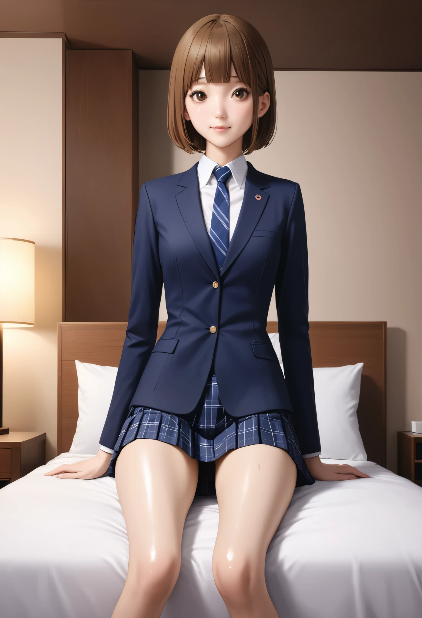 ((realistic)),(masterpiece,Highest quality:1.3,best quality illustration),cowboy shot,1woman,20 year old Japanese beauty,very small head,(short bob brown hair),bangs,brown eyes,gorgeous eyes,blush,smile,.medium breasts,((very long body:1.3)),toned body,slender body,skinny:1.3,(School uniform、Dark blue blazer jacket、White shirt、Navy blue tie、Dark blue plaid pleated mini skirt),gleaming skin,shiny skin,oily skin,Simple bedroom、simple hotel、Tokyo,