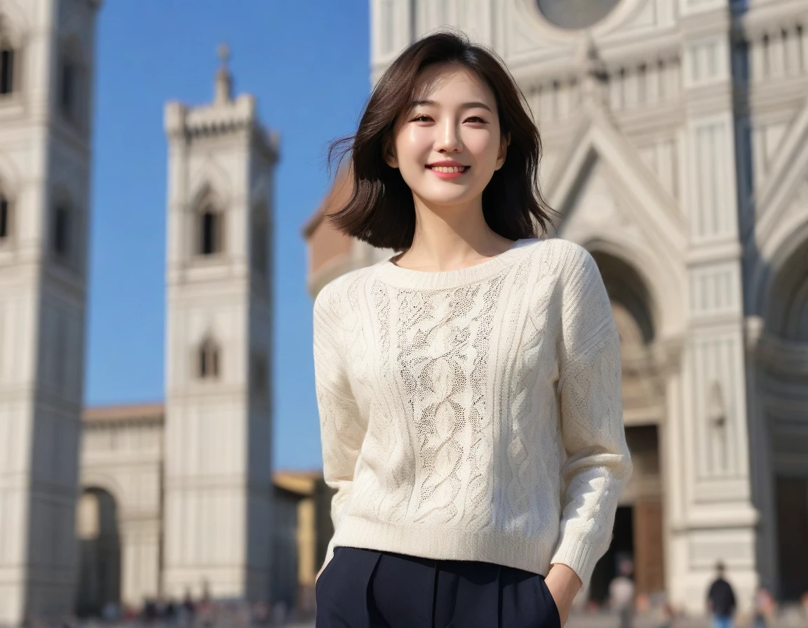 k Best picture quality, Beautiful 36-year-old Korean woman, short and good weather. Chest size 34 inches, In front of the cathedral in Florence, Italy, Back background realistic and vivid image quality, Short and medium hair blowing in the wind, Wearing high-end luxury brand casual jumpers and pants, smile slightly. The background is clear, Short and slim Korean woman, Scenery with a realistic background