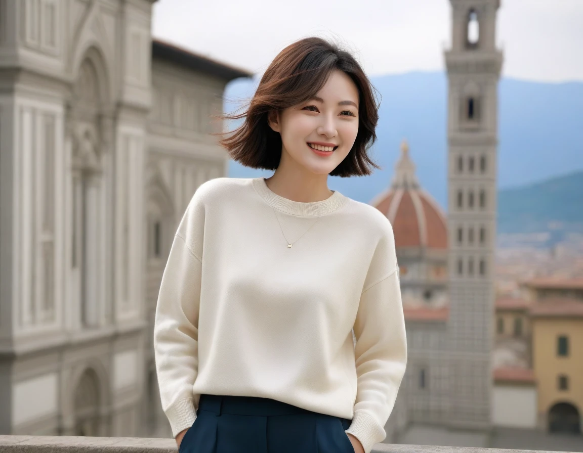 k Best picture quality, Beautiful 36-year-old Korean woman, short and good weather. Chest size 34 inches, In front of the cathedral in Florence, Italy, Back background realistic and vivid image quality, Short and medium hair blowing in the wind, Wearing high-end luxury brand casual jumpers and pants, smile slightly. The background is clear, Short and slim Korean woman, Scenery with a realistic background