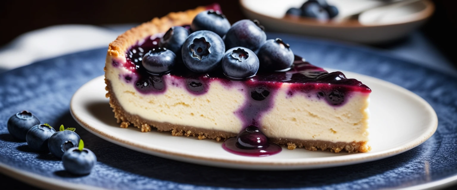 Documentary RAW Photography,a Blueberry Cheesecake, highlighting its exquisite, lacy texture and impeccable balance. The composition should evoke an irresistible urge to taste, with every detail crafted to inspire both amateur and seasoned cooks, (sharpness in detail:1.1), masterpiece, 35mm photograph, (iconic photograph:1.4), (visual storytelling:1.2), film grain, award winning photography,vibrant use of light and shadow, high quality textures of materials, volumetric textures perfect composition, dynamic play of light, rich colors, epic shot, perfectly quality, natural textures,high detail, photoshadow, (natural colors, correct white balance, color correction, dehaze),(intricate detailed), 8k