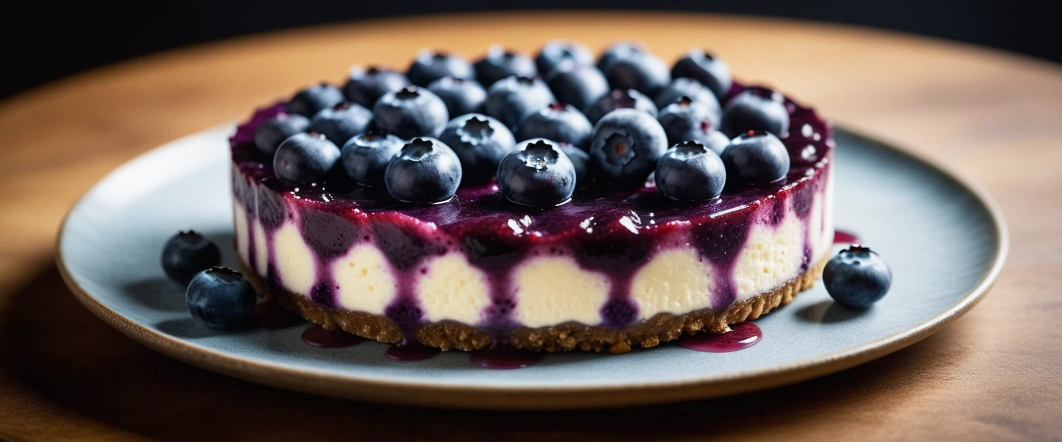 Documentary RAW Photography,a Blueberry Cheesecake, highlighting its exquisite, lacy texture and impeccable balance. The composition should evoke an irresistible urge to taste, with every detail crafted to inspire both amateur and seasoned cooks, (sharpness in detail:1.1), masterpiece, 35mm photograph, (iconic photograph:1.4), (visual storytelling:1.2), film grain, award winning photography,vibrant use of light and shadow, high quality textures of materials, volumetric textures perfect composition, dynamic play of light, rich colors, epic shot, perfectly quality, natural textures,high detail, photoshadow, (natural colors, correct white balance, color correction, dehaze),(intricate detailed), 8k