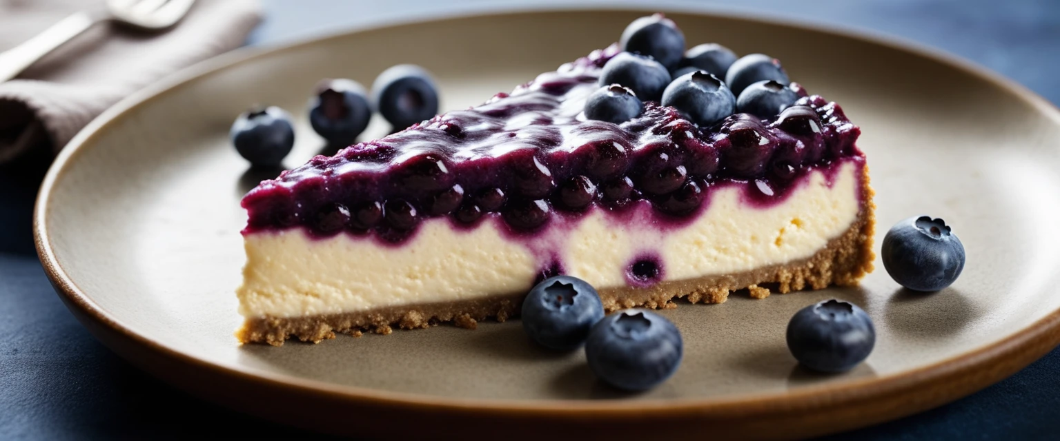 Documentary RAW Photography,a Blueberry Cheesecake, highlighting its exquisite, lacy texture and impeccable balance. The composition should evoke an irresistible urge to taste, with every detail crafted to inspire both amateur and seasoned cooks, (sharpness in detail:1.1), masterpiece, 35mm photograph, (iconic photograph:1.4), (visual storytelling:1.2), film grain, award winning photography,vibrant use of light and shadow, high quality textures of materials, volumetric textures perfect composition, dynamic play of light, rich colors, epic shot, perfectly quality, natural textures,high detail, photoshadow, (natural colors, correct white balance, color correction, dehaze),(intricate detailed), 8k