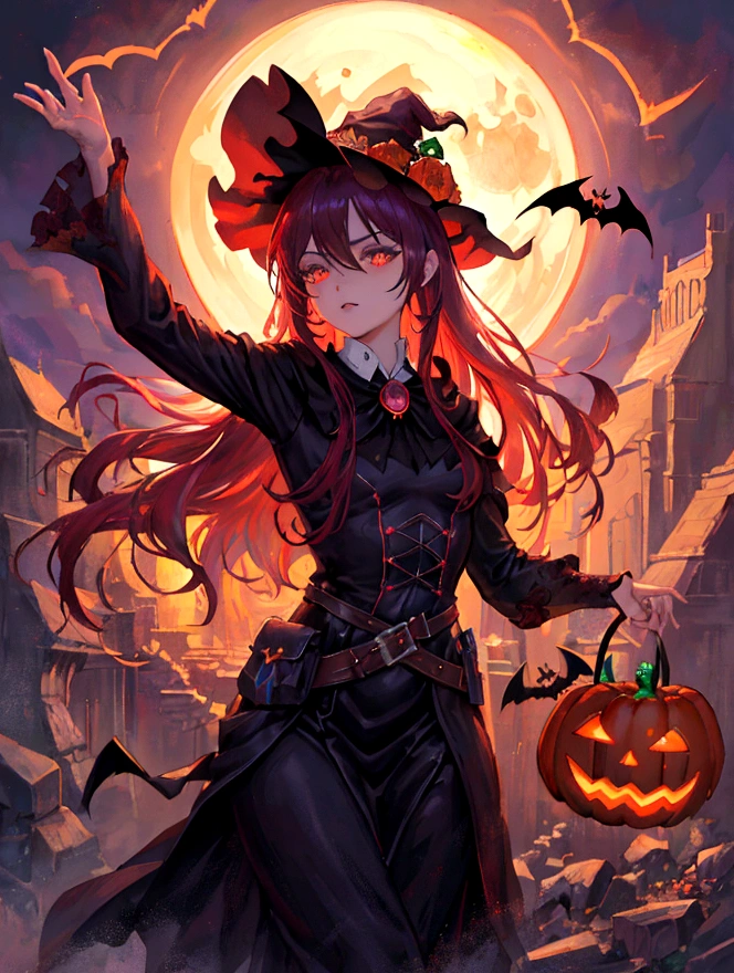 (masterpiece), (Highest quality), Enforcing Allah's justice,Detail School of Surrealism,Photorealistic, Super detailed, 16K resolution,(Halloween:1.1),witch, solo,Front light, Cinematic light, Cold Light, Mysterious,Red eyeeniscus,Red Moon,pay,Pumpkin,Bat,Fantastic, Pumpkin,witchはカディージョの椅子に座っていた,Embracing the crow,Epic fantasy digital art style,, Rosla Global Lighting, Epic fantasy art style HD, Artgerm Julie Bell Beeple, Artgerm and Lost Rose, Fantasy Wizard Woman, Epic fantasy art style,Gothic art style,Dark fantasy art, Epic fantasy art style,Ultra-realistic,