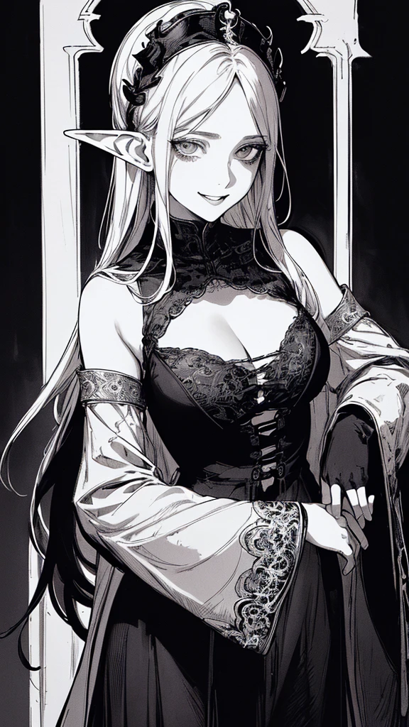 Highest quality, (Background details), High Contrast, Very beautiful woman, Detailed original illustrations, functional, Archer、Elf, Ponytail Delicate face, charm, Bad boy, sexy, Platinum Blonde、White sundress、Real breasts, Small breasts、Crazy Smile, Crazy Eyes, Black background, (Black background: 1. 5), Beautiful line art, Monochrome