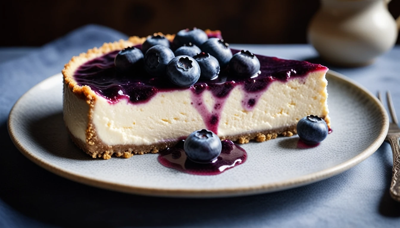 Documentary RAW Photography,a Blueberry Cheesecake, highlighting its exquisite, lacy texture and impeccable balance. The composition should evoke an irresistible urge to taste, with every detail crafted to inspire both amateur and seasoned cooks, (sharpness in detail:1.1), masterpiece, 35mm photograph, (iconic photograph:1.4), (visual storytelling:1.2), film grain, award winning photography,vibrant use of light and shadow, high quality textures of materials, volumetric textures perfect composition, dynamic play of light, rich colors, epic shot, perfectly quality, natural textures,high detail, photoshadow, (natural colors, correct white balance, color correction, dehaze),(intricate detailed), 8k