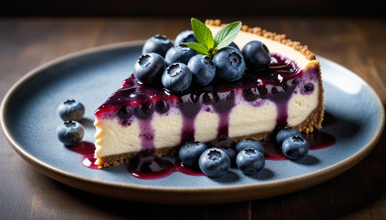 Documentary RAW Photography,a Blueberry Cheesecake, highlighting its exquisite, lacy texture and impeccable balance. The composition should evoke an irresistible urge to taste, with every detail crafted to inspire both amateur and seasoned cooks, (sharpness in detail:1.1), masterpiece, 35mm photograph, (iconic photograph:1.4), (visual storytelling:1.2), film grain, award winning photography,vibrant use of light and shadow, high quality textures of materials, volumetric textures perfect composition, dynamic play of light, rich colors, epic shot, perfectly quality, natural textures,high detail, photoshadow, (natural colors, correct white balance, color correction, dehaze),(intricate detailed), 8k