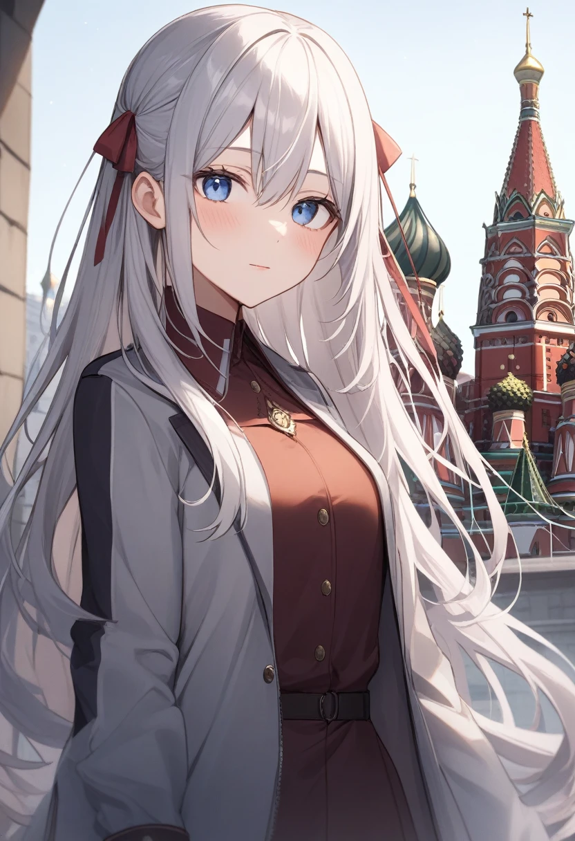 One girl, Alisa Mikhailovna Kujo,Tomorrow, my friend, Arya-san, will be visiting Russia.,alone, Long Hair, Eyebrows visible through hair, Hair between the eyes, Silver Hair, Hair Ribbon, blue eyes, Medium chest, ,Long sleeve, Jacket, View your viewers, Highest quality, so beautiful, Moscow、It's snowing、Moscowの風景