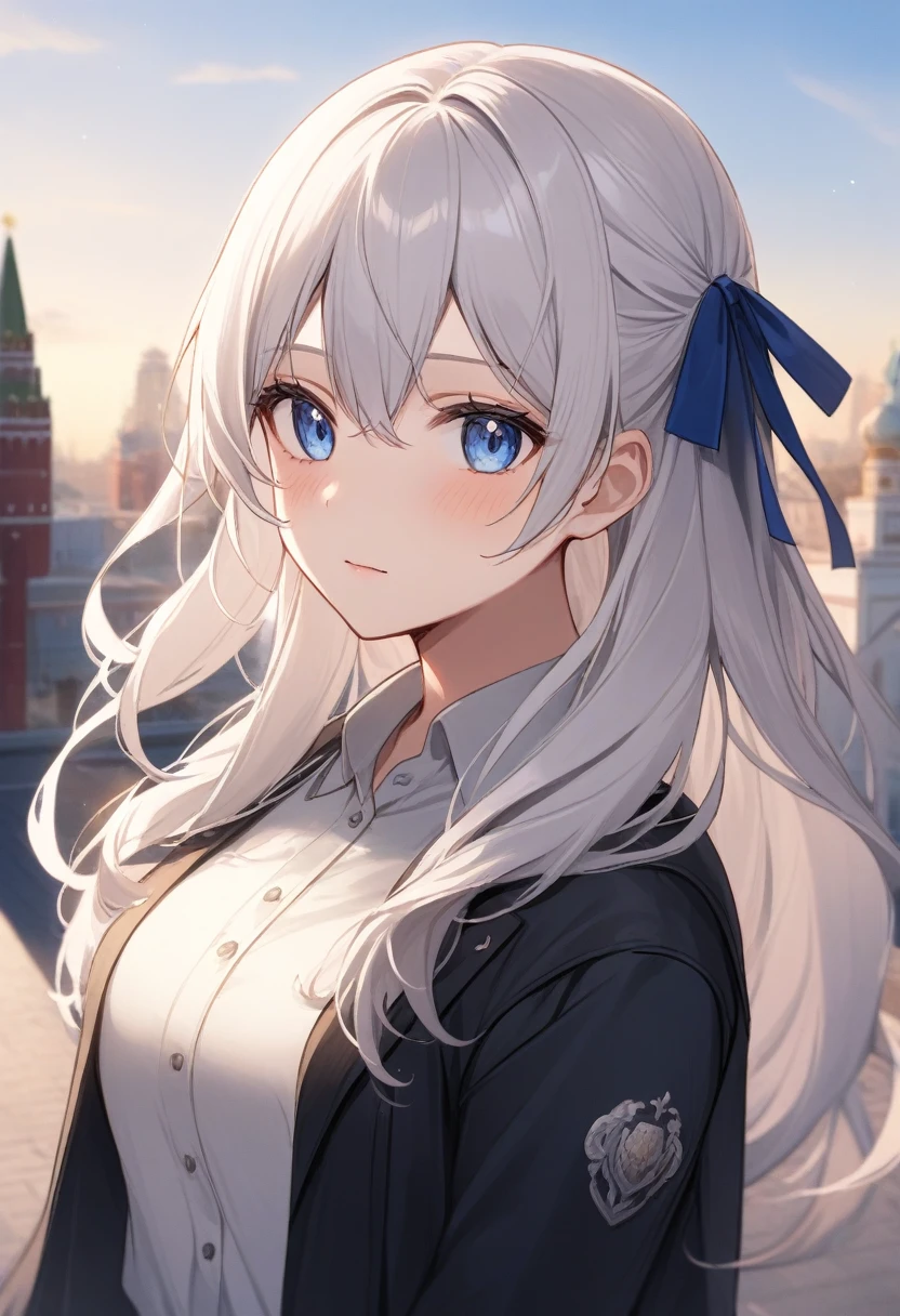 One girl, Alisa Mikhailovna Kujo,Tomorrow, my friend, Arya-san, will be visiting Russia.,alone, Long Hair, Eyebrows visible through hair, Hair between the eyes, Silver Hair, Hair Ribbon, blue eyes, Medium chest, ,Long sleeve, Jacket, View your viewers, Highest quality, so beautiful, Moscow、It's snowing、Moscowの風景