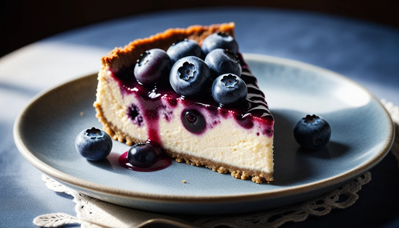 Documentary RAW Photography,a Blueberry Cheesecake, highlighting its exquisite, lacy texture and impeccable balance. The composition should evoke an irresistible urge to taste, with every detail crafted to inspire both amateur and seasoned cooks, (sharpness in detail:1.1), masterpiece, 35mm photograph, (iconic photograph:1.4), (visual storytelling:1.2), film grain, award winning photography,vibrant use of light and shadow, high quality textures of materials, volumetric textures perfect composition, dynamic play of light, rich colors, epic shot, perfectly quality, natural textures,high detail, photoshadow, (natural colors, correct white balance, color correction, dehaze),(intricate detailed), 8k